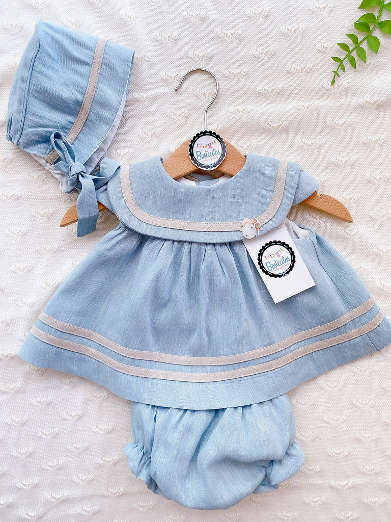 Conjunto 3 piezas Lino azul empolvado estilo marinero con gorrito