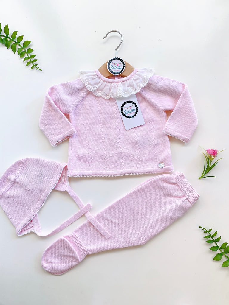 Conjunto tejido rosita 3 piezas con cuello Olán beige (0-3 meses)