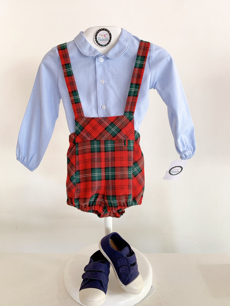 Conjunto navideño short con tirantes con camisa azul