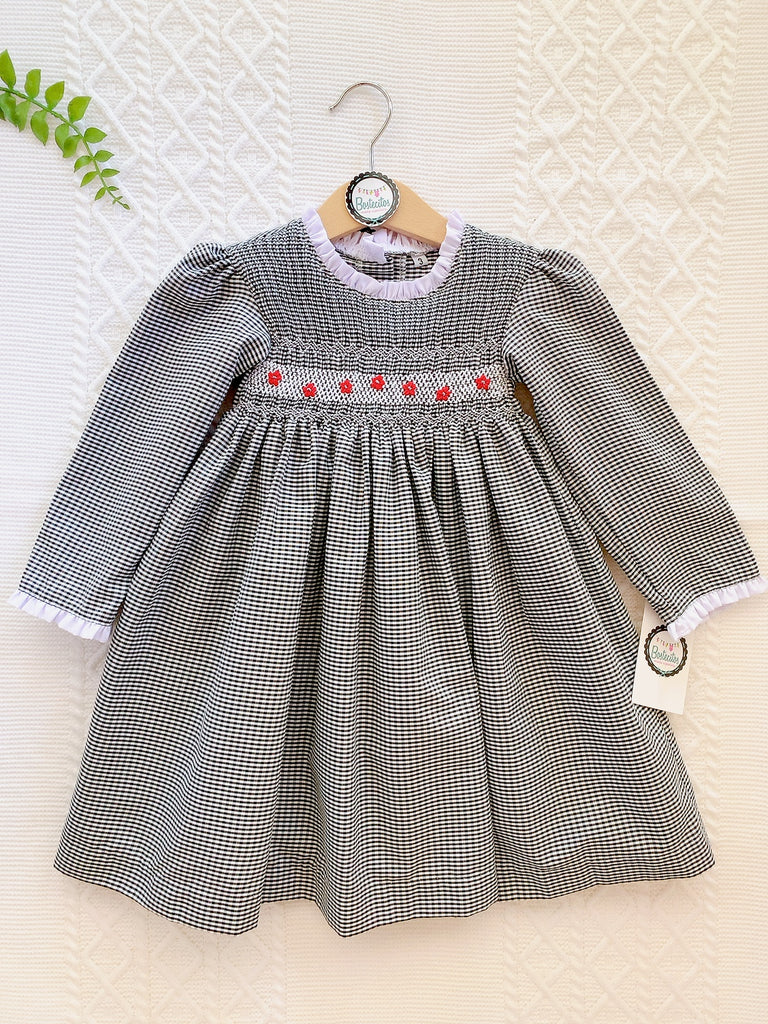 Vestido cuadros negro con blanco bordado a mano flores rojas bordadas