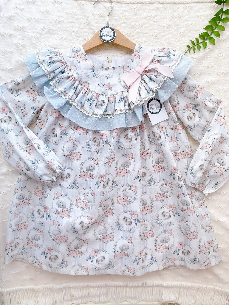 Vestido conejitos Olán cuello azul bebé con rosa (8 años)