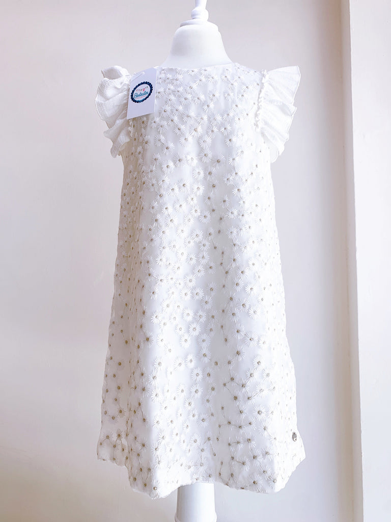 VESTIDO BLANCO DETALLE DE FLORES CON DORADO (8 años)