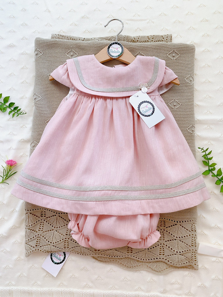 Conjunto español de lino rosa cuello cuadrado con calzón (24 meses)