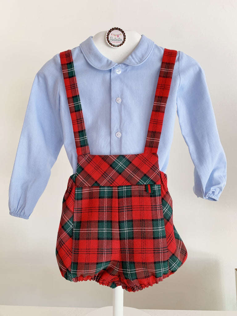 Conjunto navideño short con tirantes con camisa azul