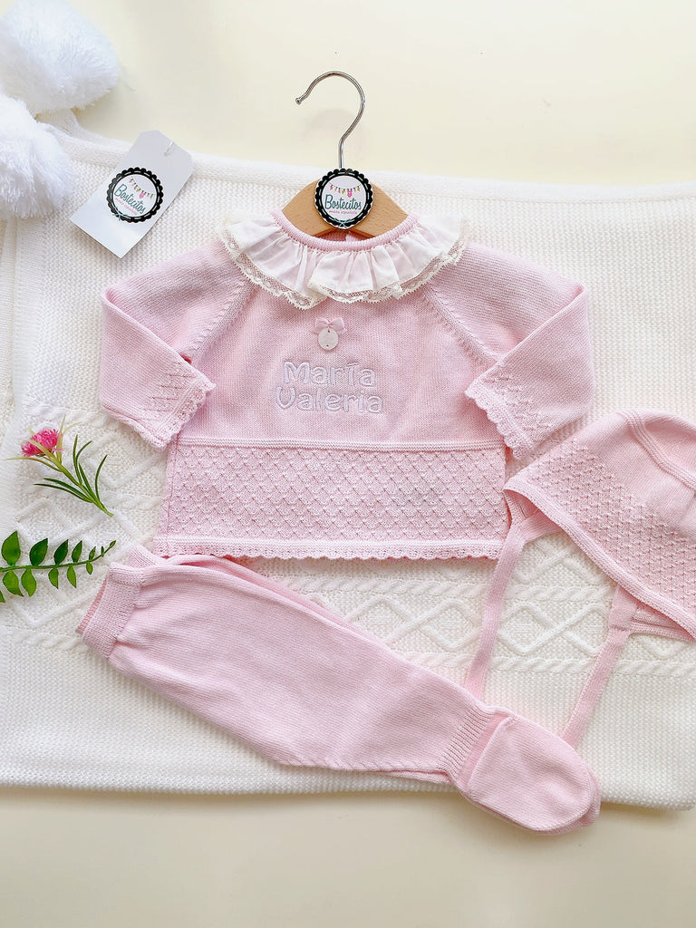 Tejido rosa bebé cuello Olán blanco (3 meses)