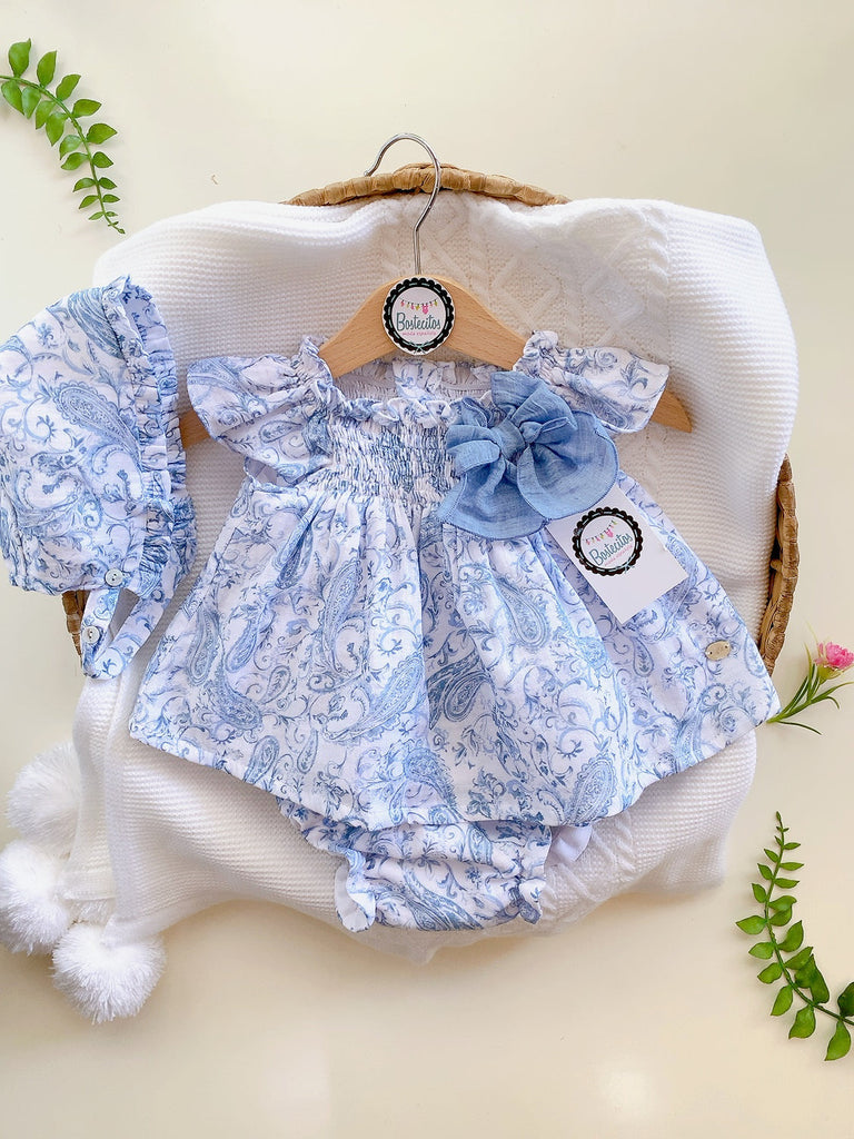 Conjunto español 3 piezas gorro, vestido corto y calzón azul azulejo con moño