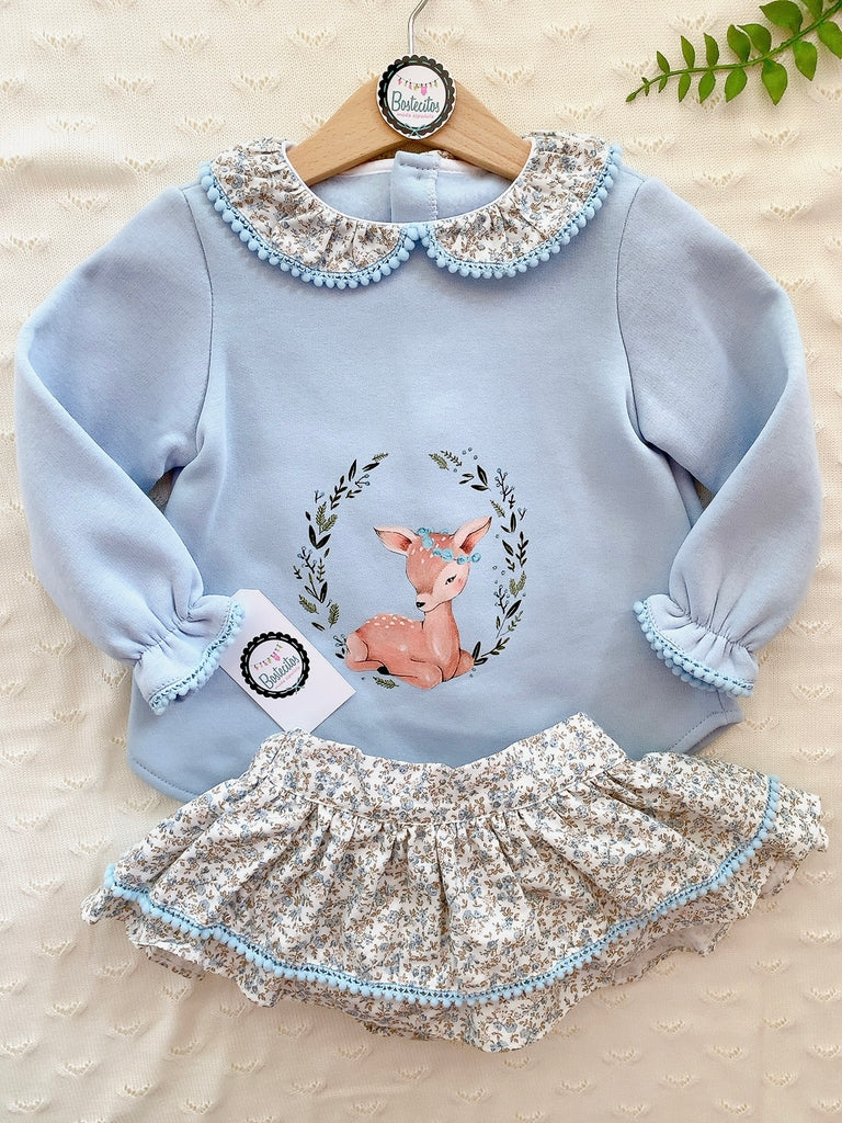 CONJUNTO SUETER AZUL VENADITO CON FALDA FLORES (36 meses)