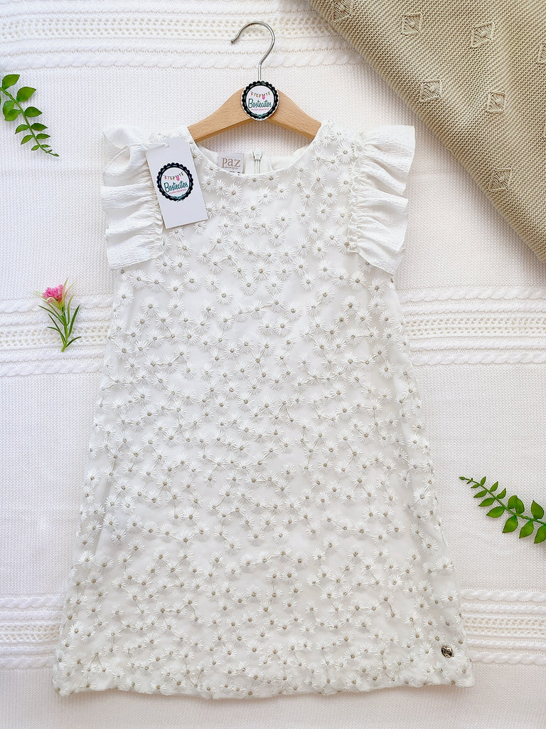 VESTIDO BLANCO DETALLE DE FLORES CON DORADO (8 años)