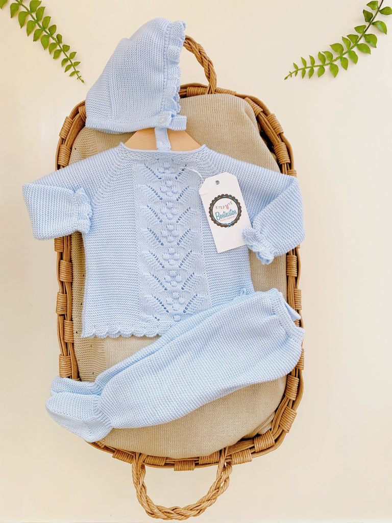 CONJUNTO TEJIDO AZUL CELESTE PUNTOS (3 MESES)
