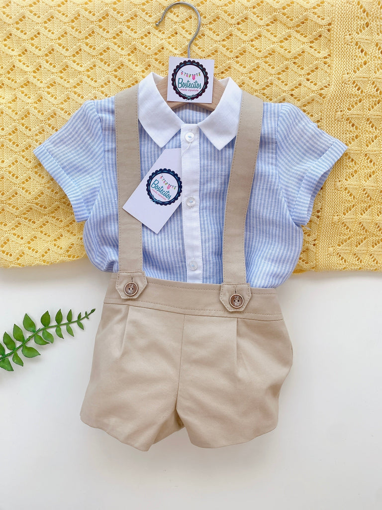 CONJUNTO CAMISA RAYAS SHORT TIRANTES CAFÉ