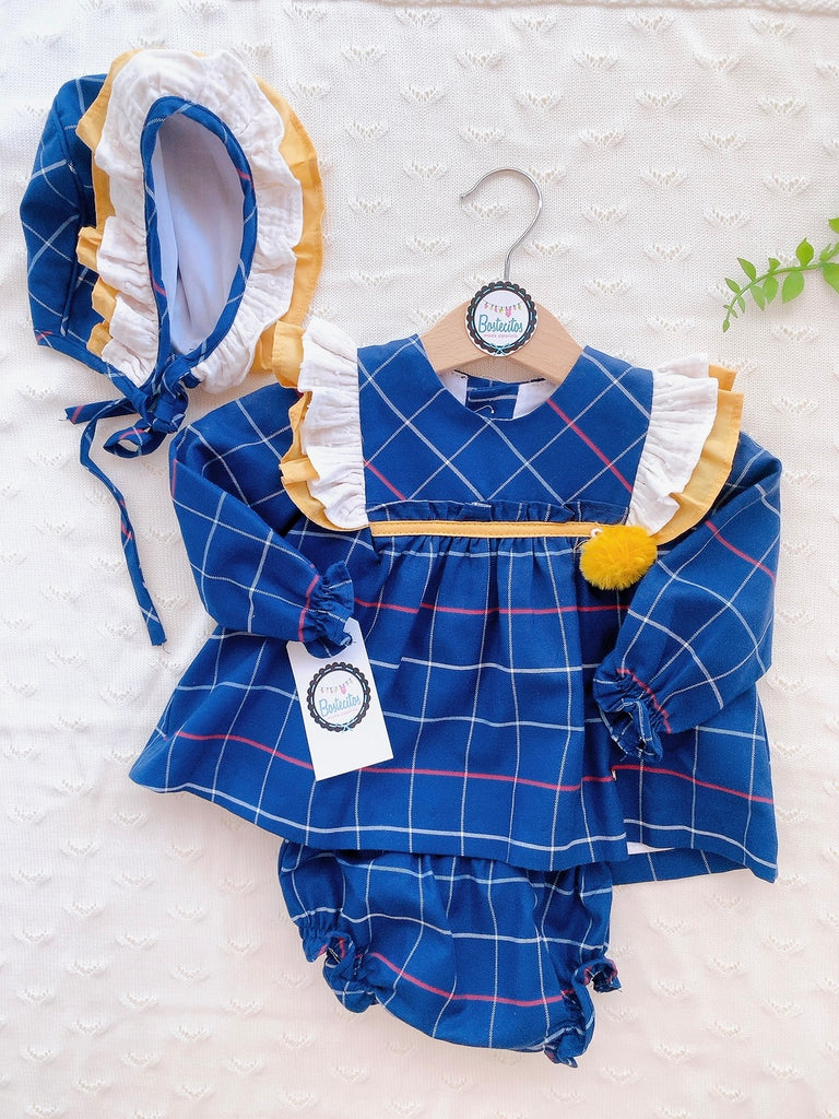 VESTIDO AZUL CUADROS DETALLE MOSTAZA 3P