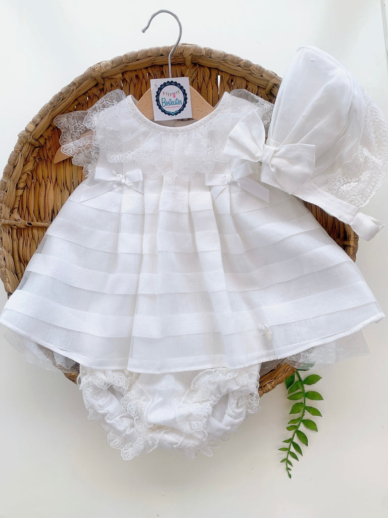 VESTIDO BLANCO MOÑO A LOS LADOS 3 PZS (36 meses)