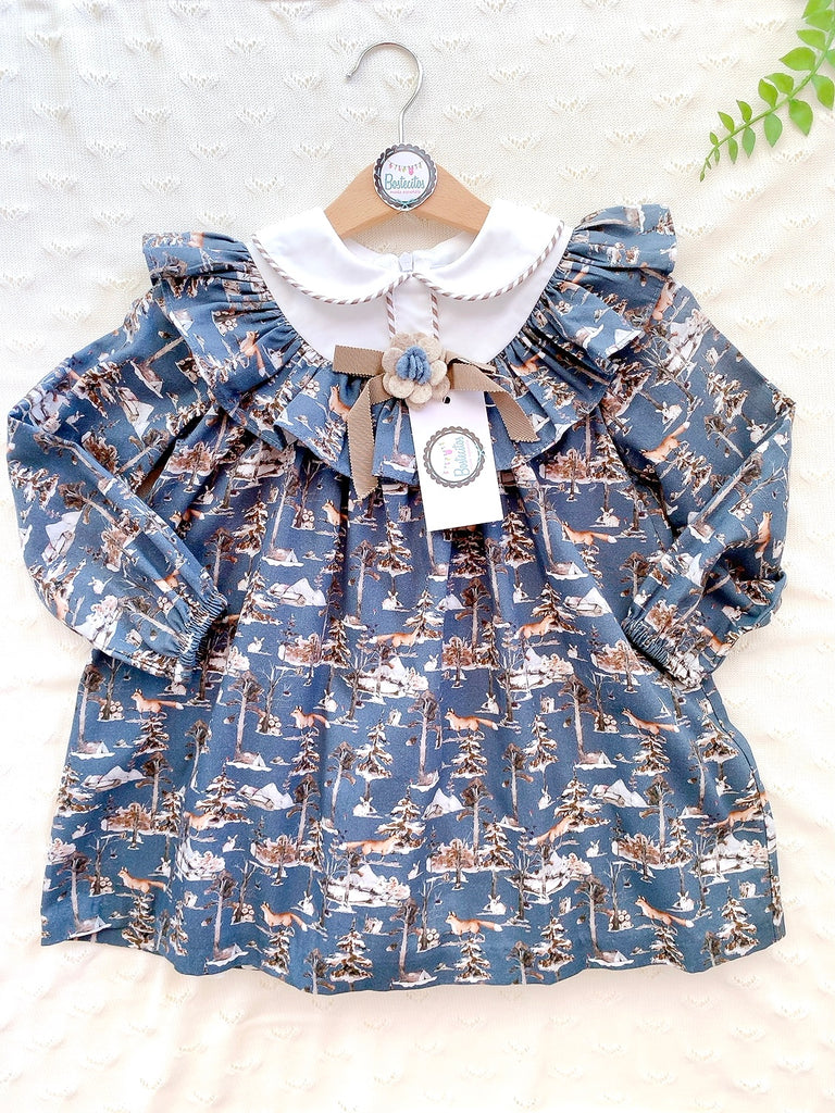VESTIDO AZUL MARINO  ESTAMPADO CON CUELLO BLANCO (3 y 4 años )