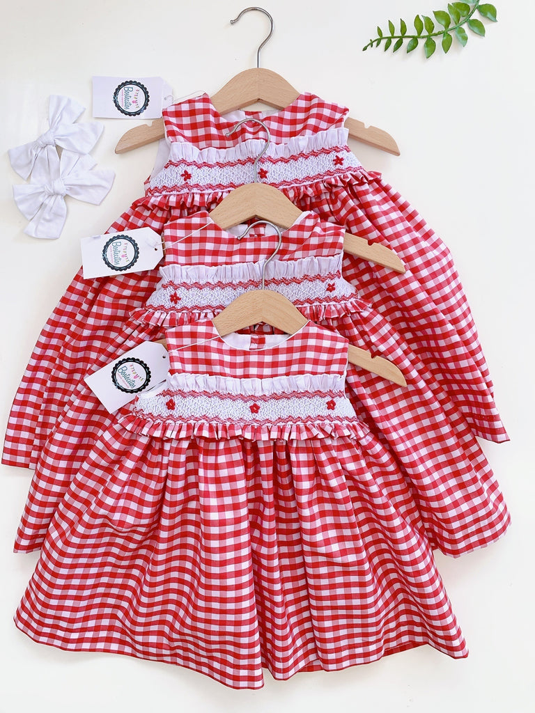 Vestido bordado cuadrados rojo con blanco
