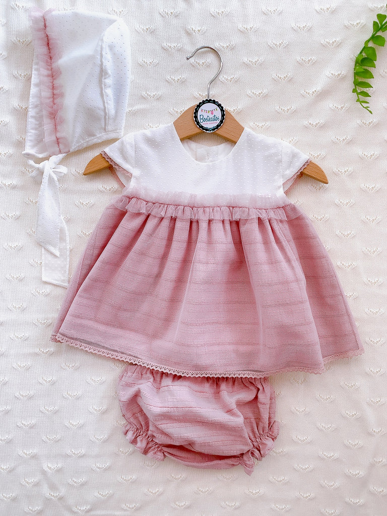 VESTIDO GORRO y CALZÓN TUL ROSA PALO CON BLANCO