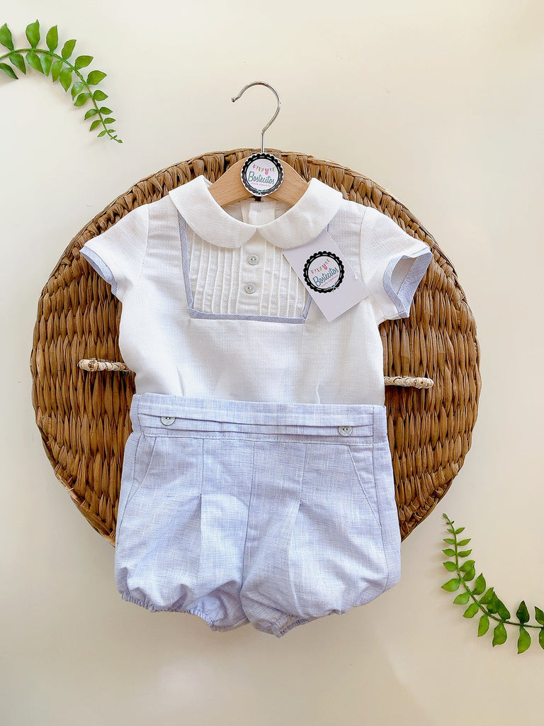 Conjunto español camisa blanca con detalles azul y short azul lino