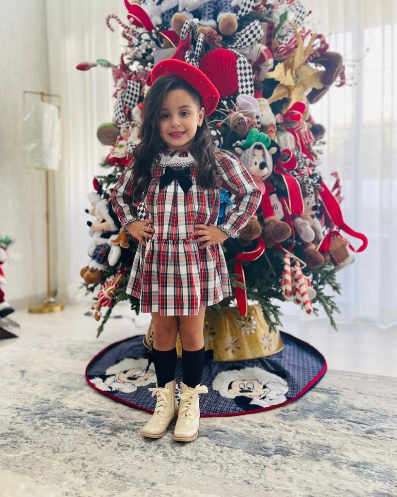 Vestido cuadros rojo con azul y moño terciopelo