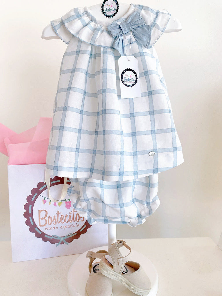 Conjunto vestido con calzon cuadros grandes azul con blanco moño en cuello (24 meses)