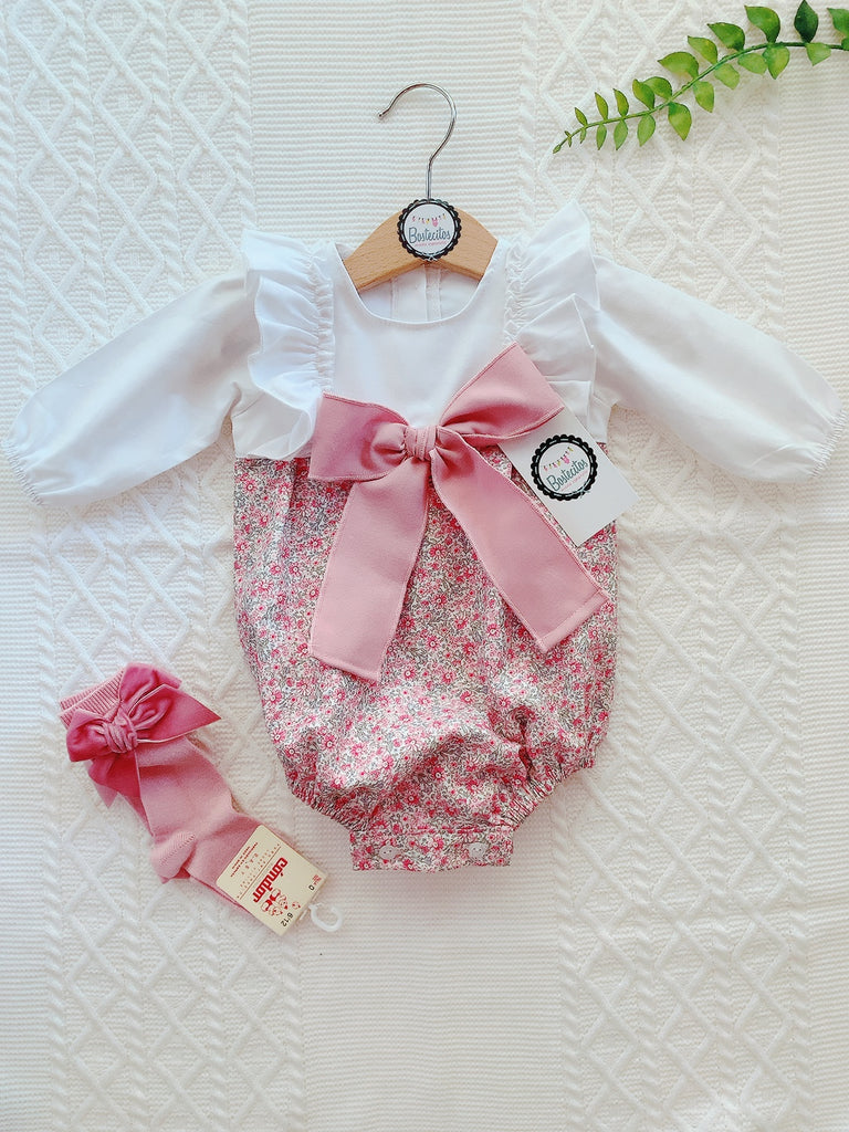 Ranita manga larga rosa con blanco con moño al frente (3 meses)