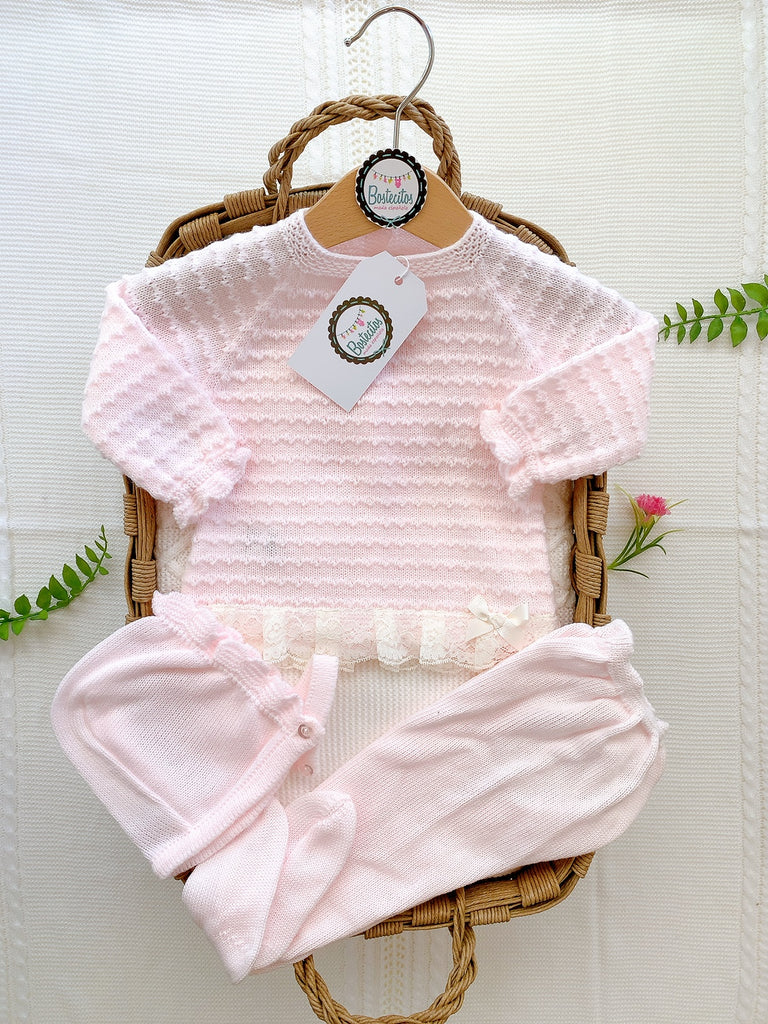 Conjunto 3 piezas polaina recogidas puntillas rosa (6 meses)