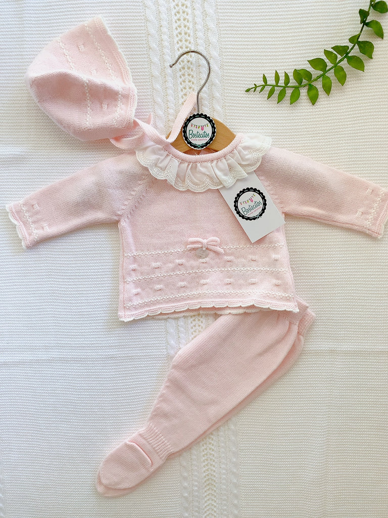 Tejido rosa bebé cuello Olán beige moñito en medio (1 mes)
