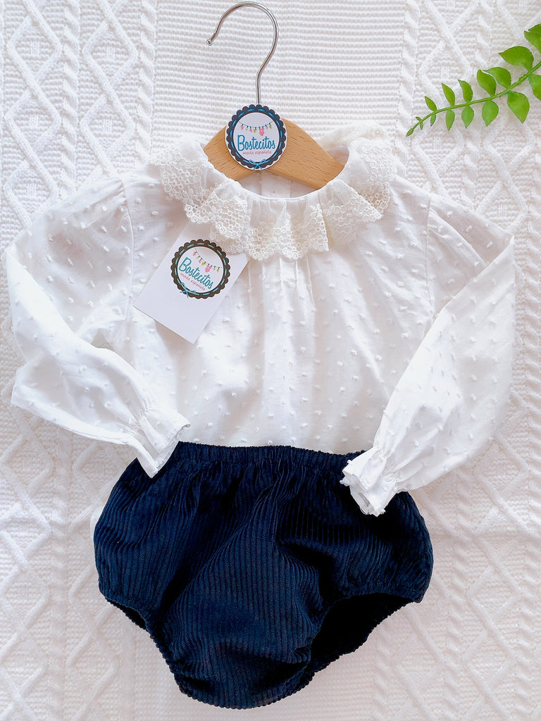 VESTIDO pana azul marino con camisa PLUMETI blanca cuello Olán beige con calzón(12 meses)