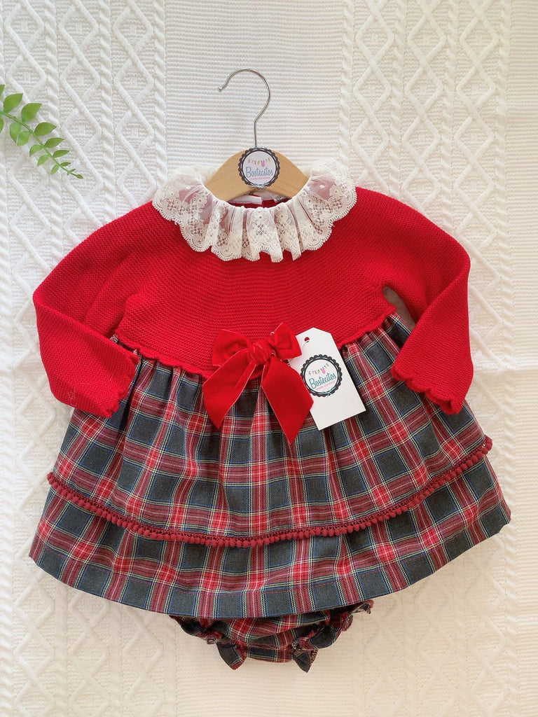 VESTIDO TEJIDO ROJO CUADROS CON CALZÓN (18 meses)