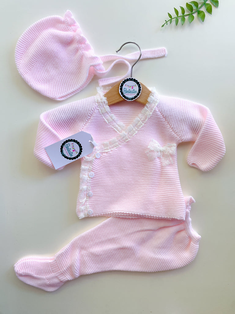 Tejido rosa botones al frente con detalles encaje beige 3 piezas (3 meses)