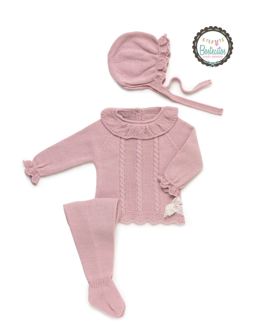 Tejido español rosa palo cuello redondo tres líneas verticales