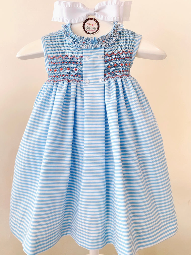 Vestido bordado rayas azul con blanco bordado a mano con cuello bordado