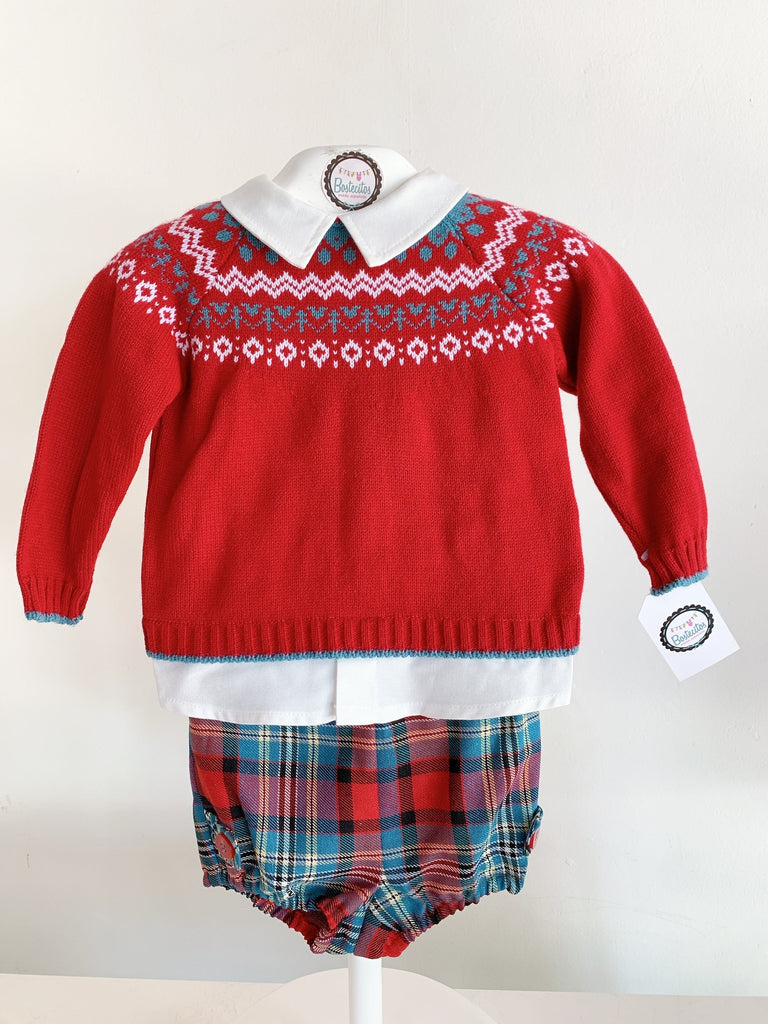 Conjunto navideño cuello blanco short y suerter rojo