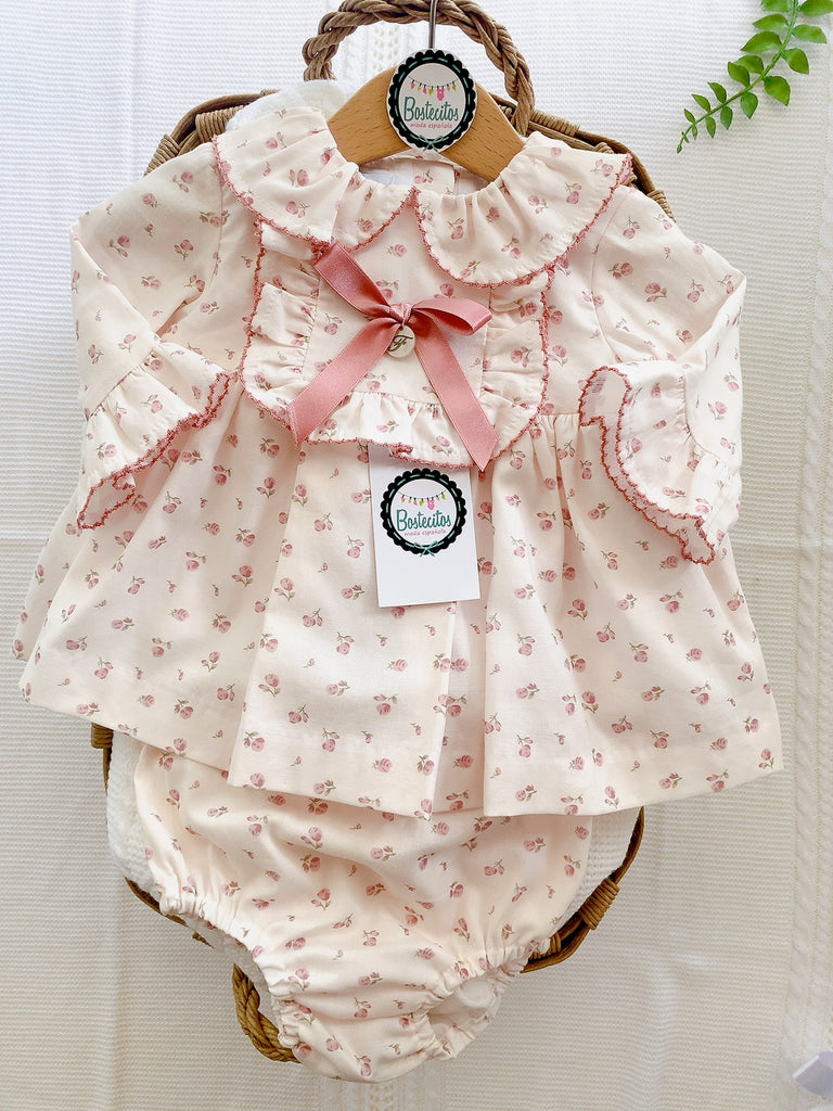 Vestido con calzon estampado rosas y moño rosa palo (6 meses)