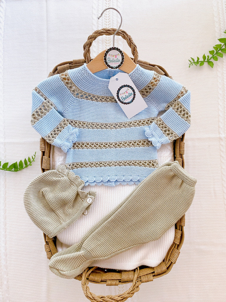 CONJUNTO TEJIDO AZUL LINEAS BEIGE 3P (gorro, pantalón y suetercito) (3 meses)