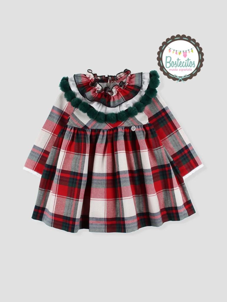 Vestido cuadros cuello pompones verdes (6 años)
