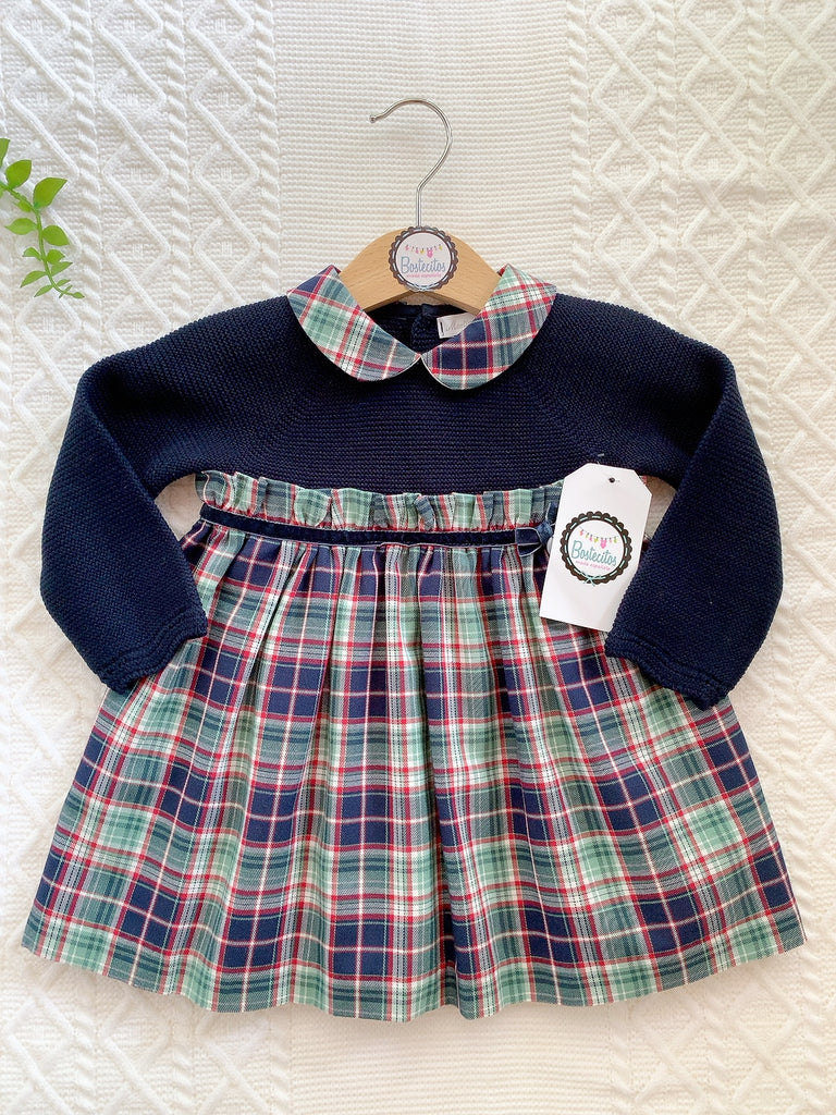 Vestido azul marino tejido  cuadros verdes con azul marino