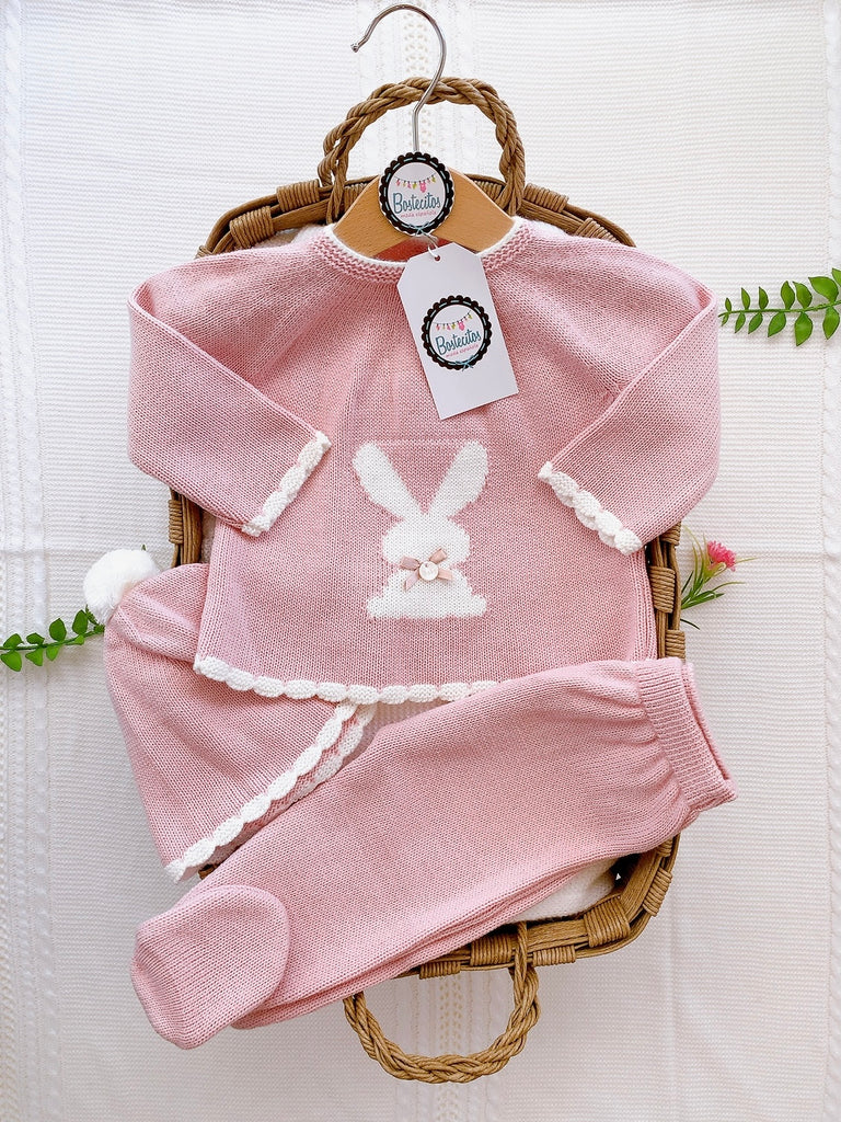 Conjunto tejido conejo con gorro pompón blanco (9 meses)