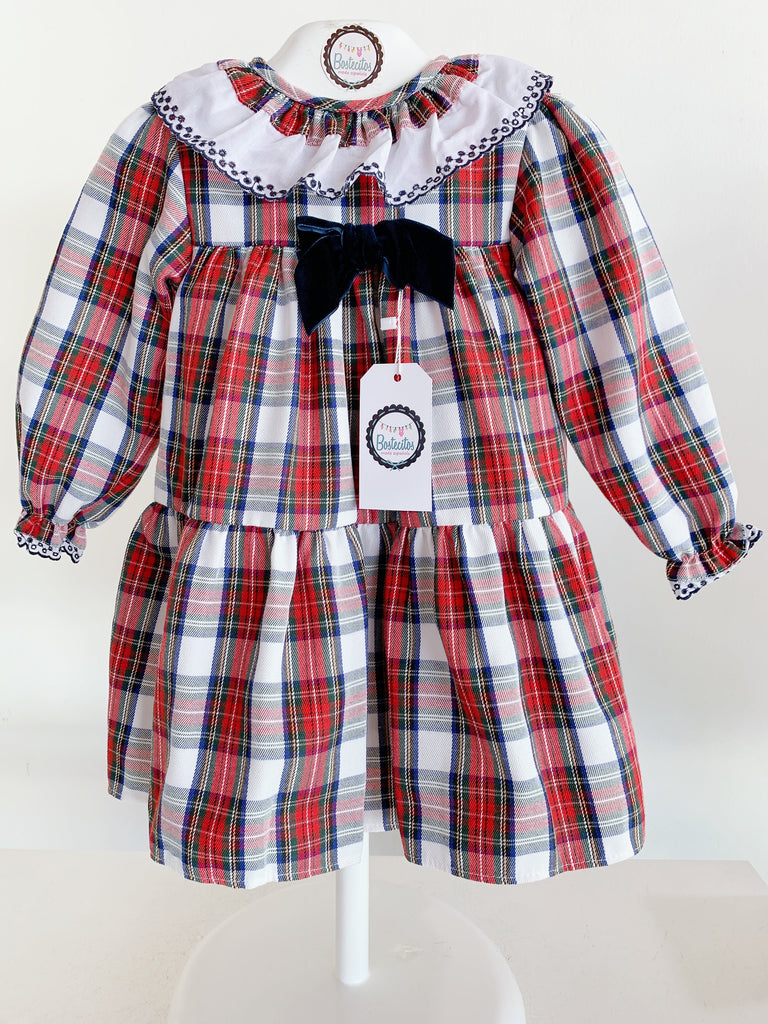 Vestido cuadros rojo con azul y moño terciopelo