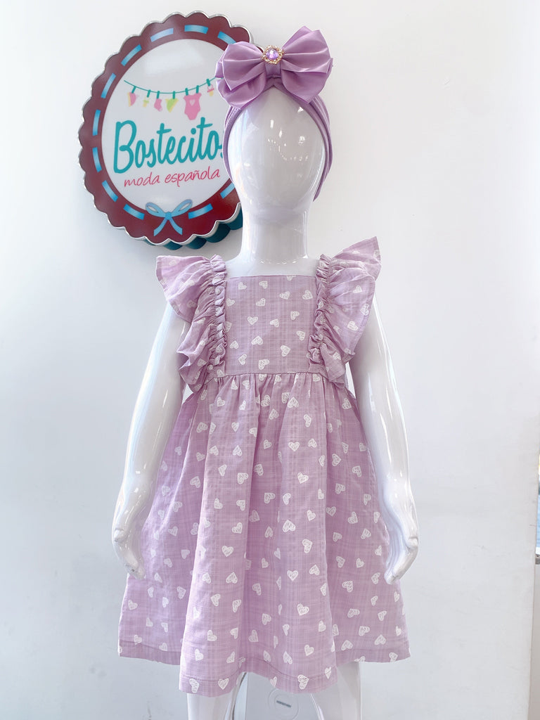 Vestido color lavanda estampado corazones blancos