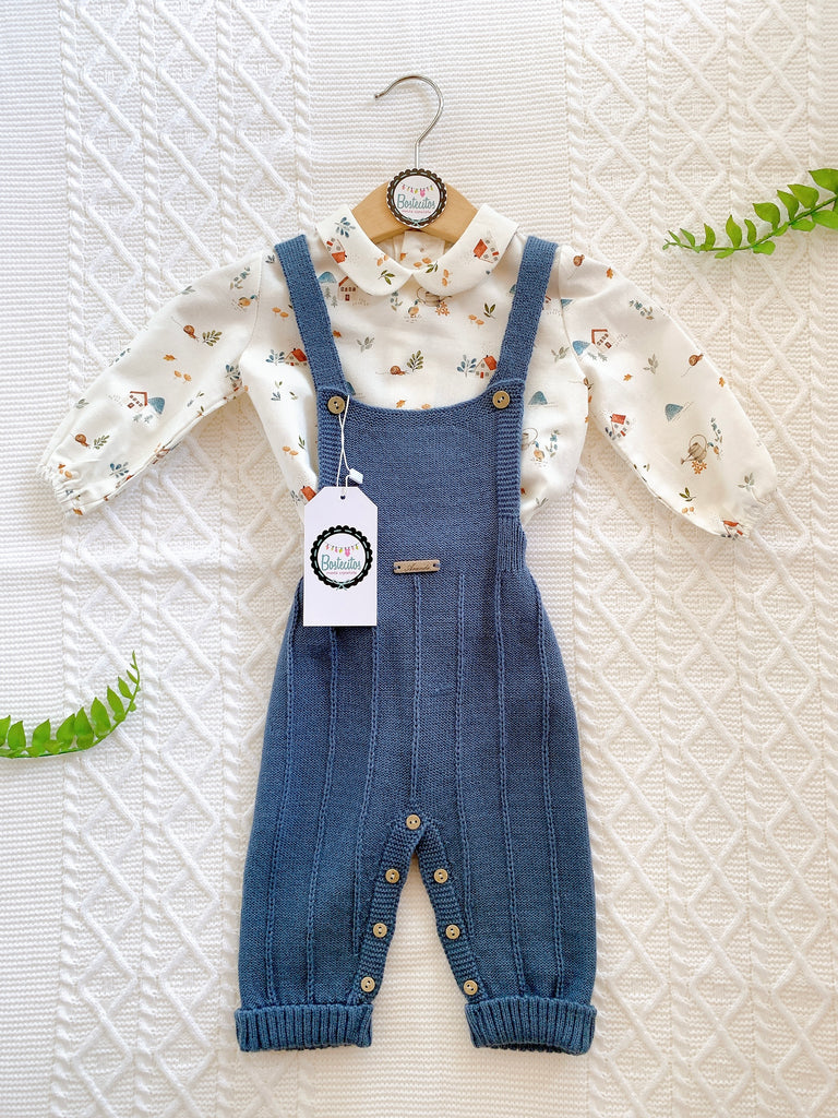 Conjunto overol tejido azul marino con camisa estampado casitas manga larga