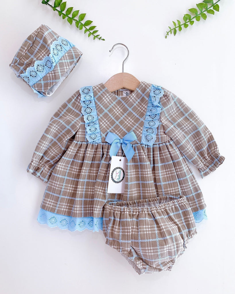 Conjunto vestido café lineas azules