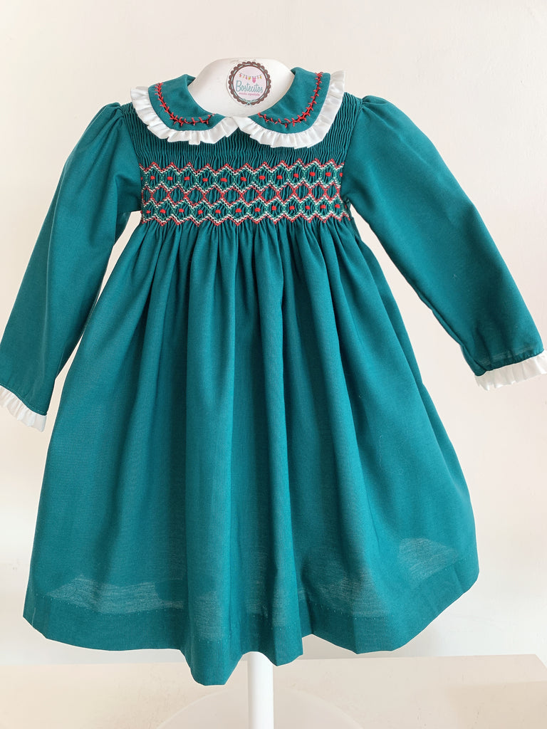 Vestido verde botella navideño manga larga bordado a mano con cuello detalle blanco (4 años )