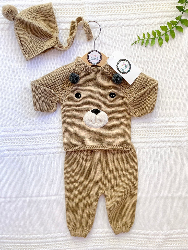 Conjunto tejido español 3 piezas color café osito