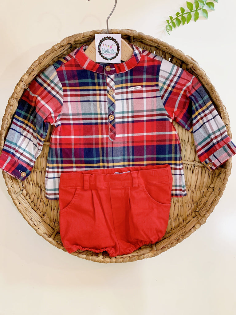 Conjunto camisa cuadros rojos con Azul marino