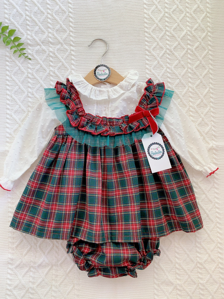 Conjunto 3 piezas cuadros verde rojo, blusa blanca