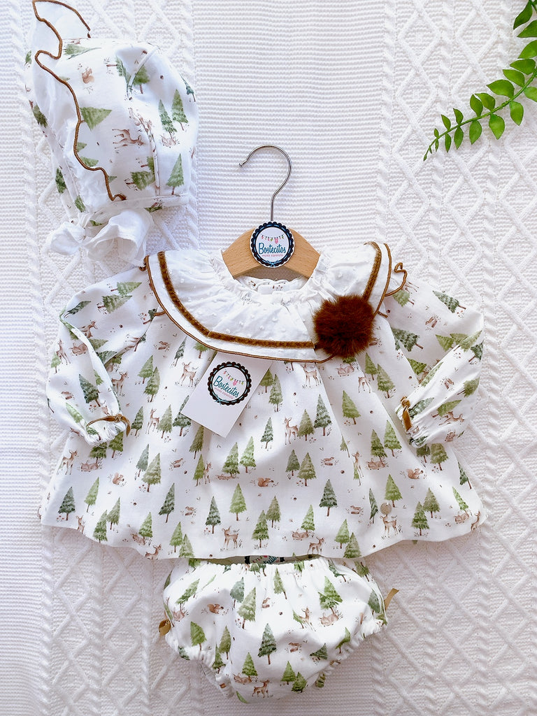 VESTIDO 3 PIEZAS BLANCO Y CAFÉ PINOS (6 meses)