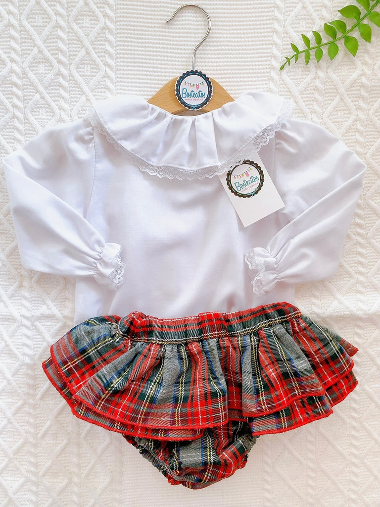Conjunto 2 pz falda de cuadros grises y rojos con blusa blanca