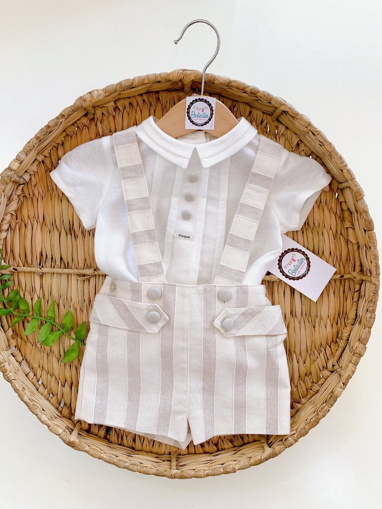 Conjunto short con tirantes beige con rayas color caqui