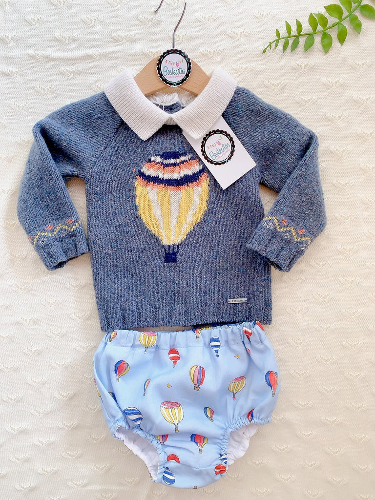 Conjunto suéter azul cuello blanco  con calzoncito estampado globo