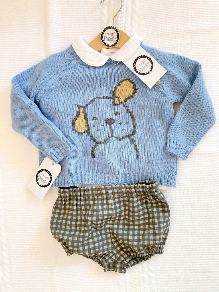 Conjunto 3 piezas camisa blancas suéter perrito y short cuadros