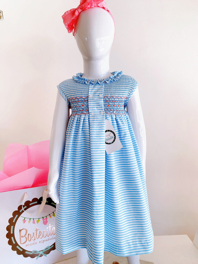 Vestido bordado rayas azul con blanco bordado a mano con cuello bordado